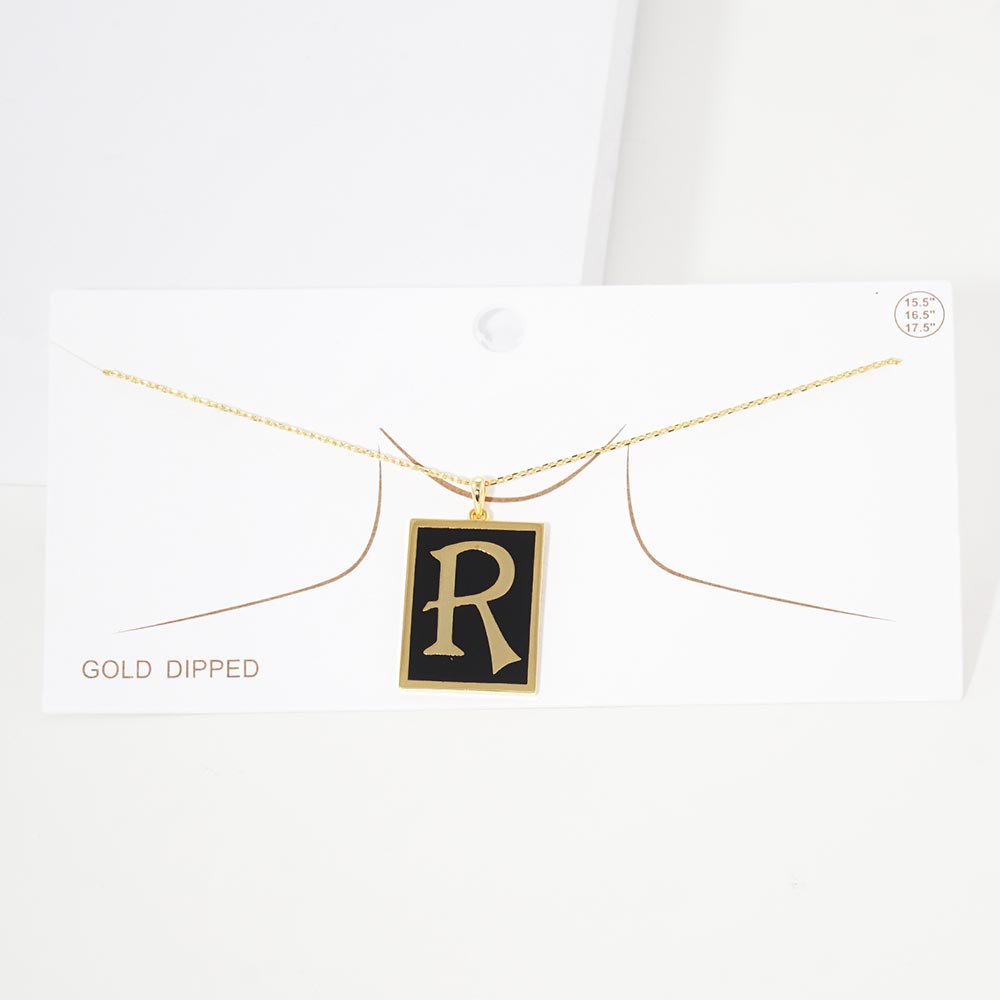 Gold -R- Gold Dipped Enamel Rectangle Initial Monogram Pendant Necklace