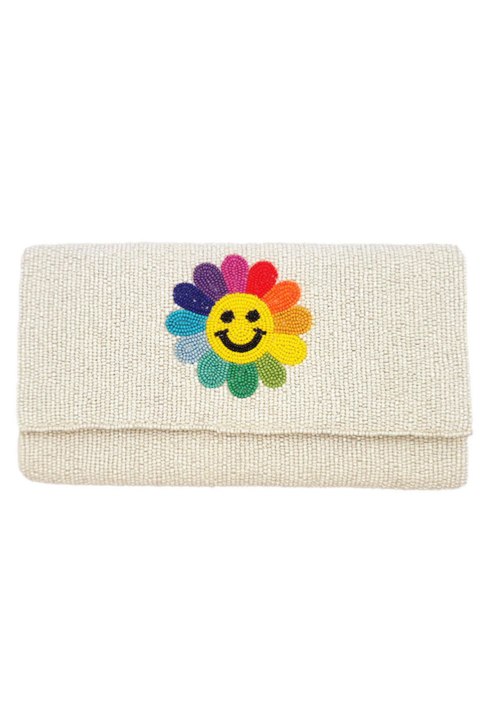 Rainbow Smile Flower Glass Beads Clutch combines intricate craftsmanship with vibrant design, featuring hand-arranged glass beads that form cheerful floral patterns. This expertly crafted accessory offers a unique, eye-catching statement piece perfect for elevating formal or casual ensembles. Its compact size ensures convenience without sacrificing style, making it an ideal choice for those seeking both elegance and individuality in their evening wear.