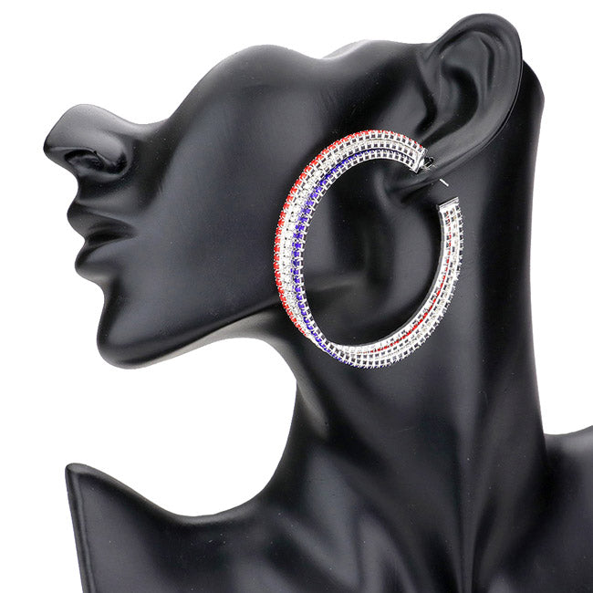 Red, White, Blue American USA Rhinestone Pave Hoop Earrings, Show your love for our country with these sweet patriotic American USA Flag Heart Stud Earrings. It's a perfect gift for valentine's day, especially for your lover. Great for Election Day, National Holidays, Flag Day, 4th of July, Memorial Day, and Labor Day.