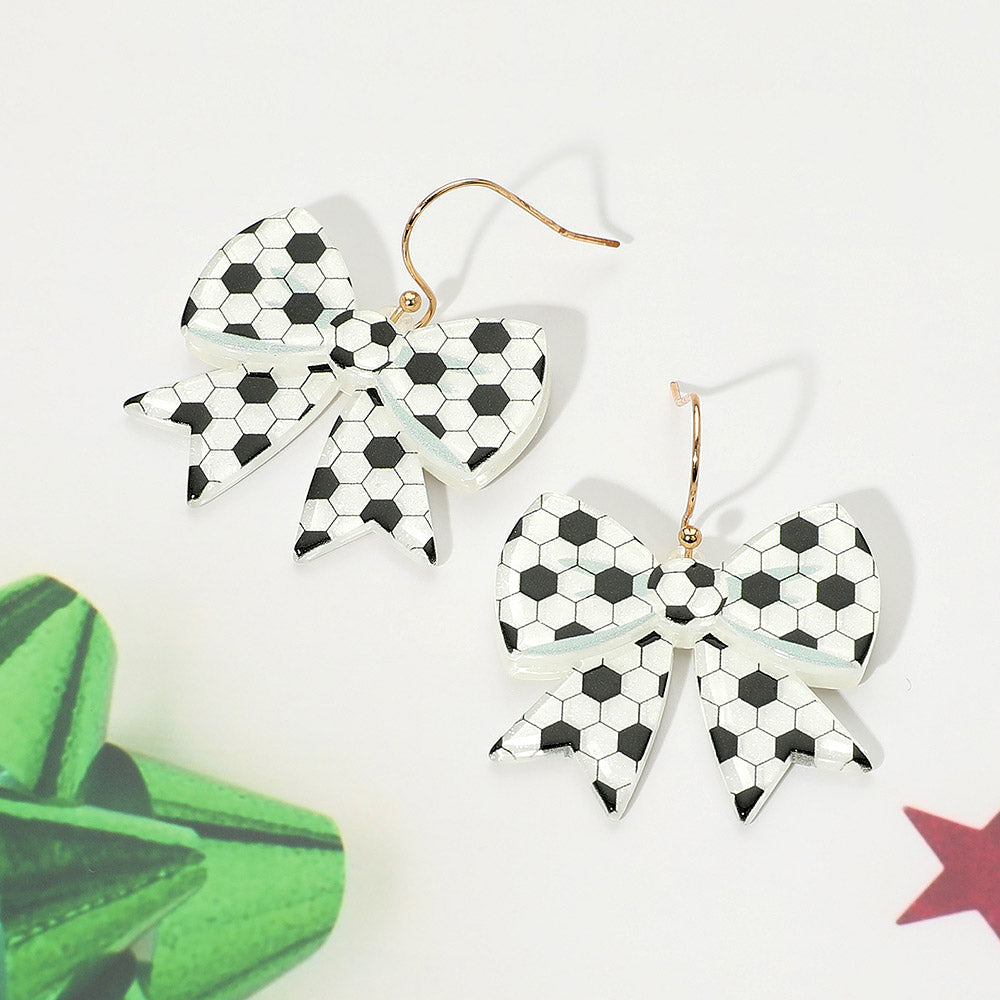 Black, White Resin Soccer Bow Dangle Earrings