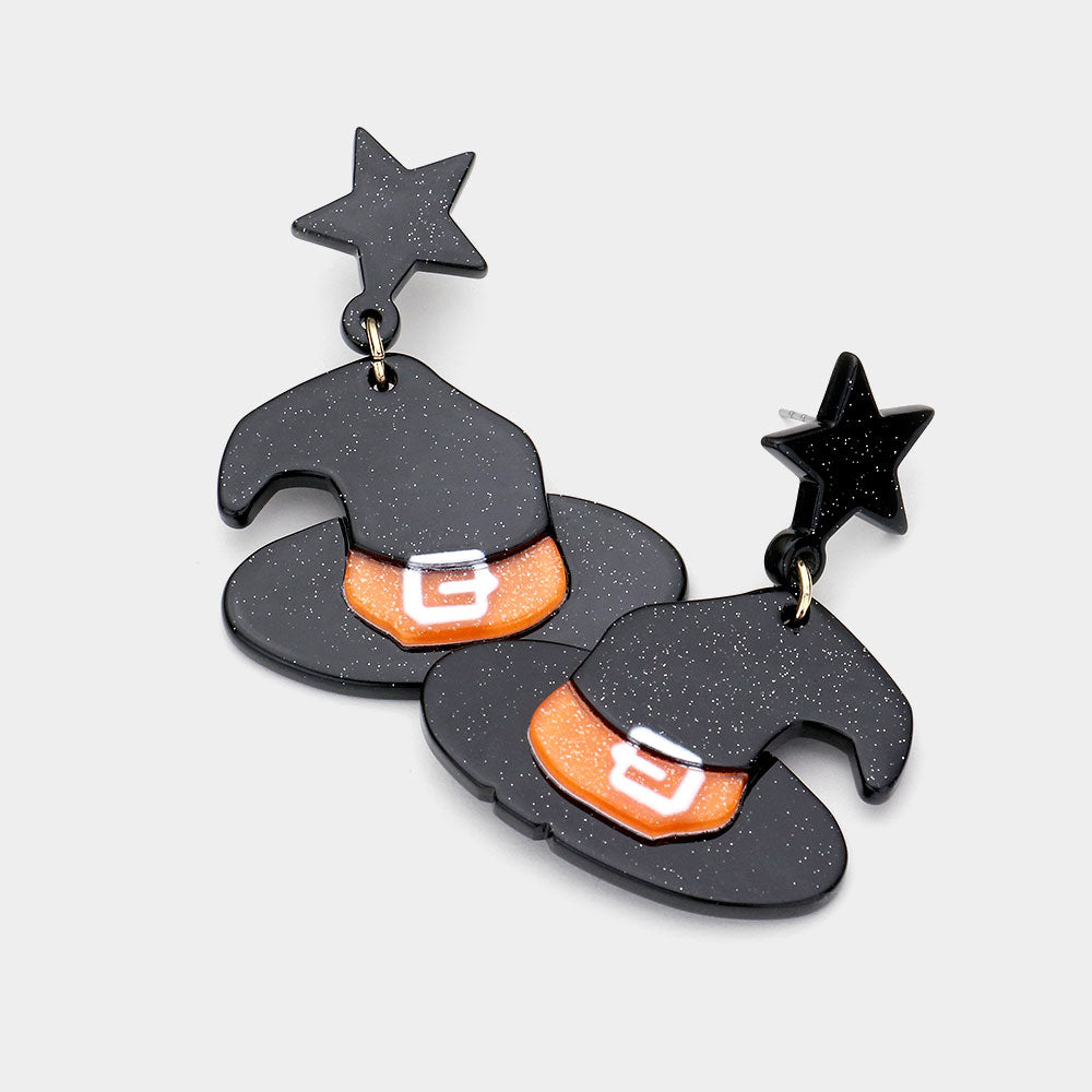 Black Resin Star Witch Hat Link Dangle Earrings