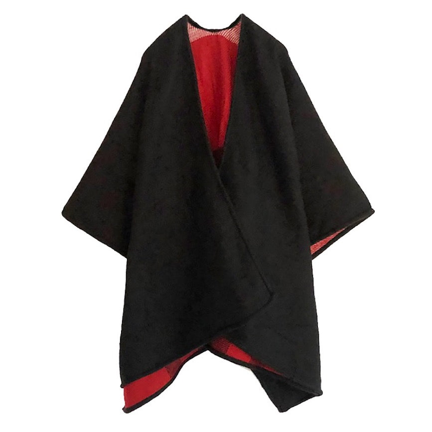 Red Reversible Plaid Check Patterned Buffalo Print Poncho Outwear Cover Up, the perfect accessory, luxurious, trendy, super soft chic capelet, keeps you warm & toasty. You can throw it on over so many pieces elevating any casual outfit! Perfect Gift Birthday, Holiday, Christmas, Anniversary, Wife, Mom, Special Occasion