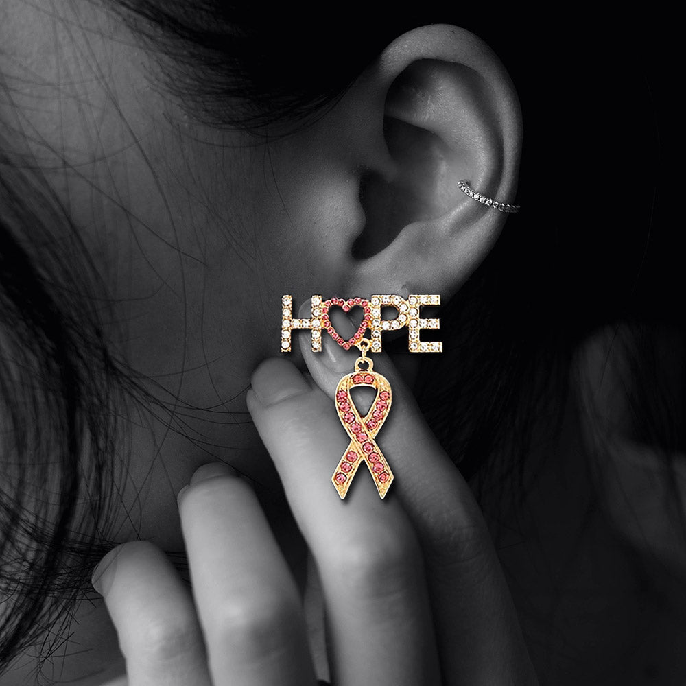 Gold, Pink Rhinestone Embellished Hope Message Pink Ribbon Link Dangle Earrings