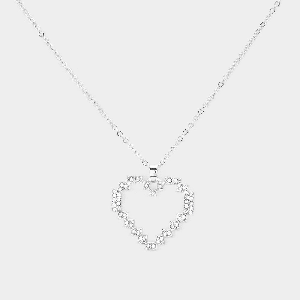 Rhinestone Embellished Open Heart Pendant Necklace - Rhodium - Necklaces