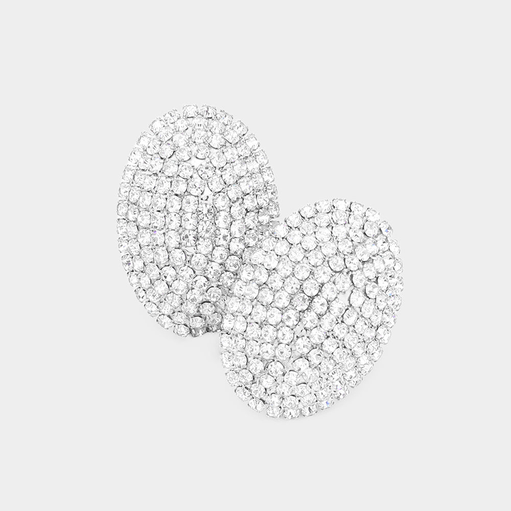 Silver Rhinestone Pave Oval Evening Clip on Earrings