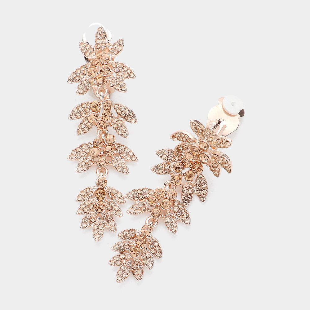 Peach, Rose Gold Rhinestone Paved Vine Dropdown Evening Earrings