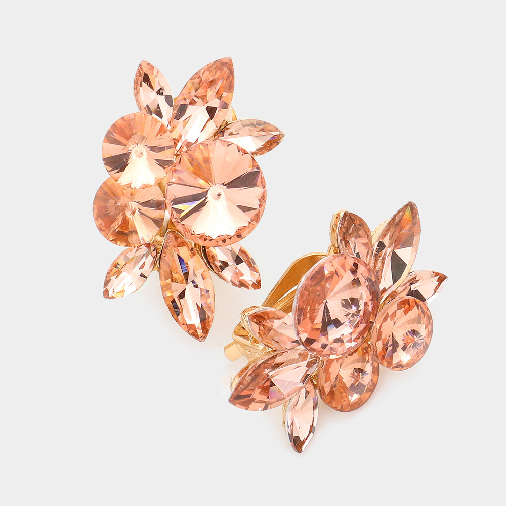 Peach Round Marquise Stone Cluster Clip on Evening Earrings