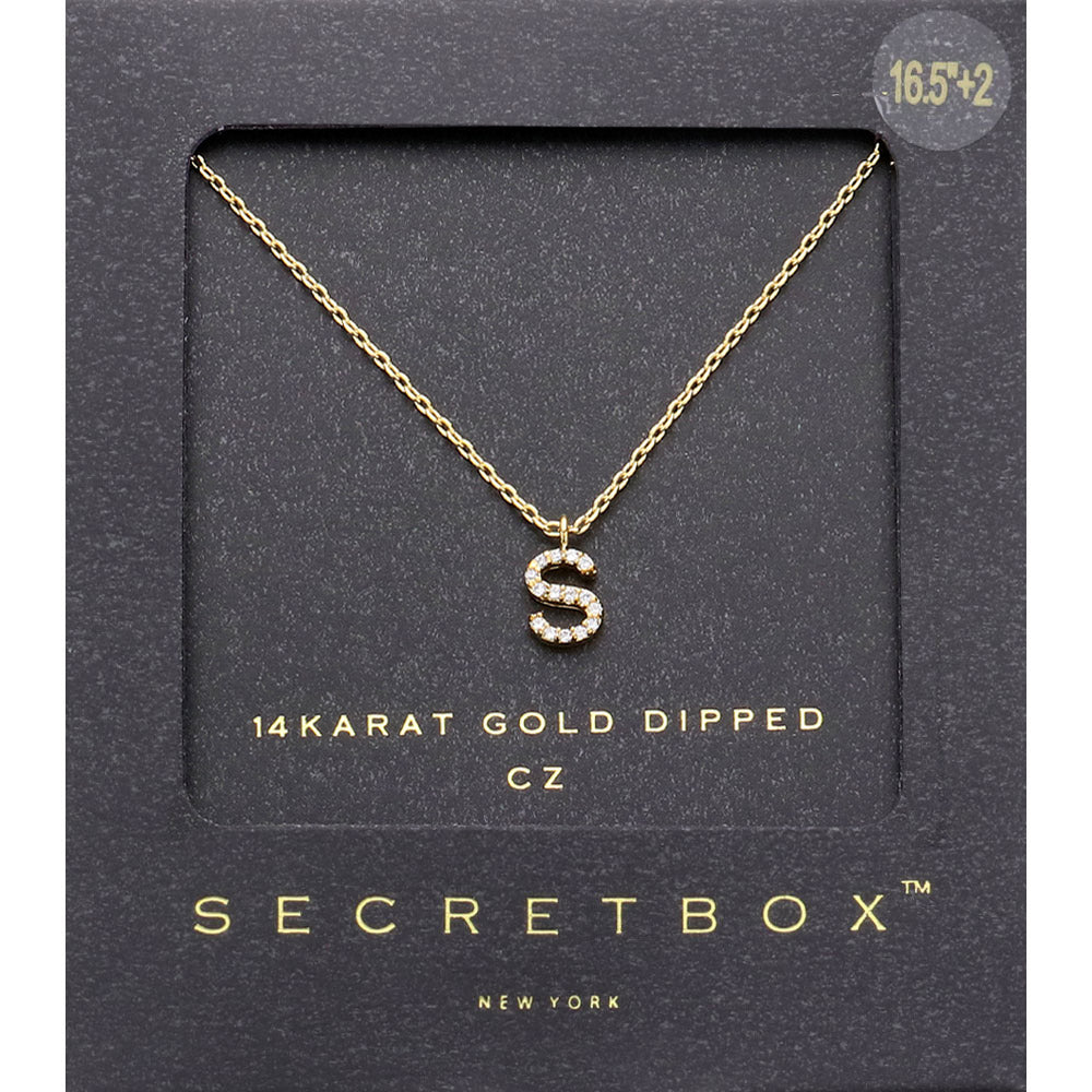 ~S~, Gold -S- Secret Box _ 14K Gold Dipped CZ Initial Monogram Pendant Necklace