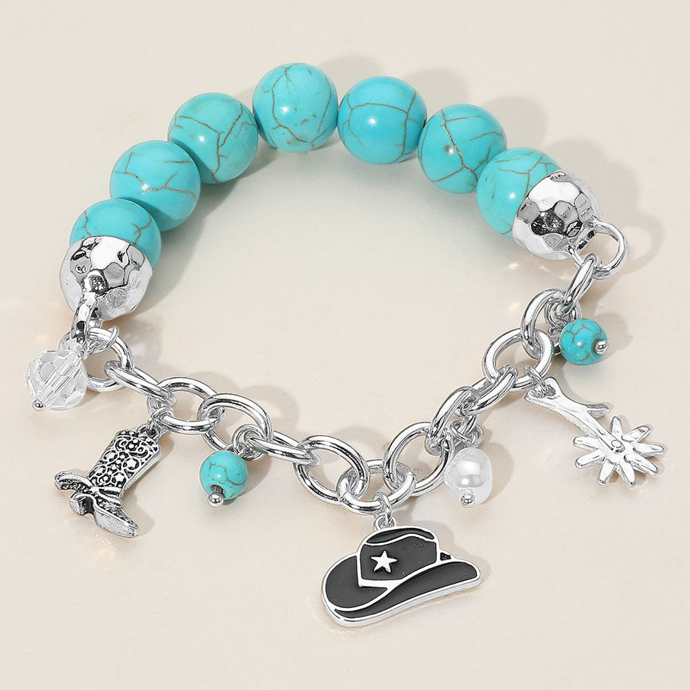 Silver SECRET BOX_Western Cowboy Hat Boot Flower Pearl Charm Beaded Stretch Bracelet