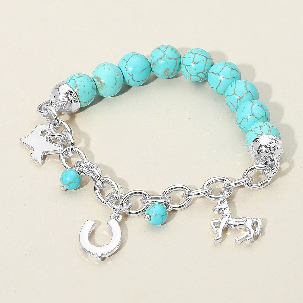 Silver SECRET BOX_Western Horse Horseshoe Texas Map Charm Station Turquoise Stone Beaded Stretch Bracelet