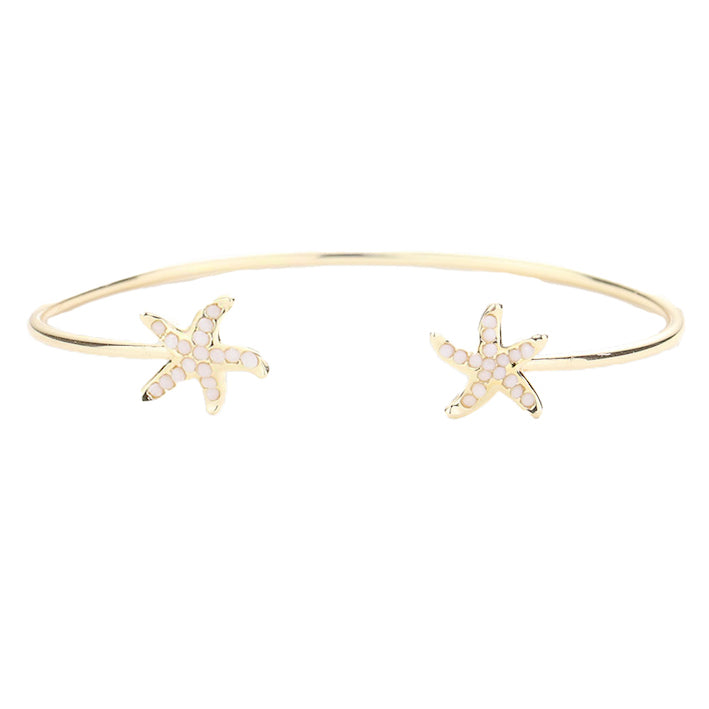 White Seed Beaded Embellished Metal Starfish Tip Detail Ocean Cuff Bracelet; Bring the ocean to your daily look. Feel carefree as on vacation. Sea Life, bracelet goes perfect with a t-shirt, summer dress or work clothes. Great Birthday gift, Anniversary, Getaway, Beach, Vacay, Mom, Sister, Girlfriend, Summer, Sea Life, Ocean