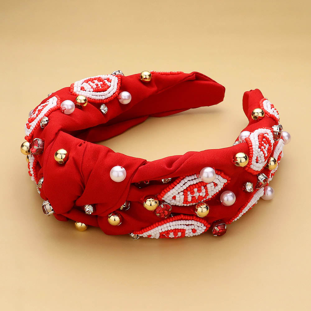 Red, White Seed Beaded Football Pearl Stone Cluster Embellished Knot Headband