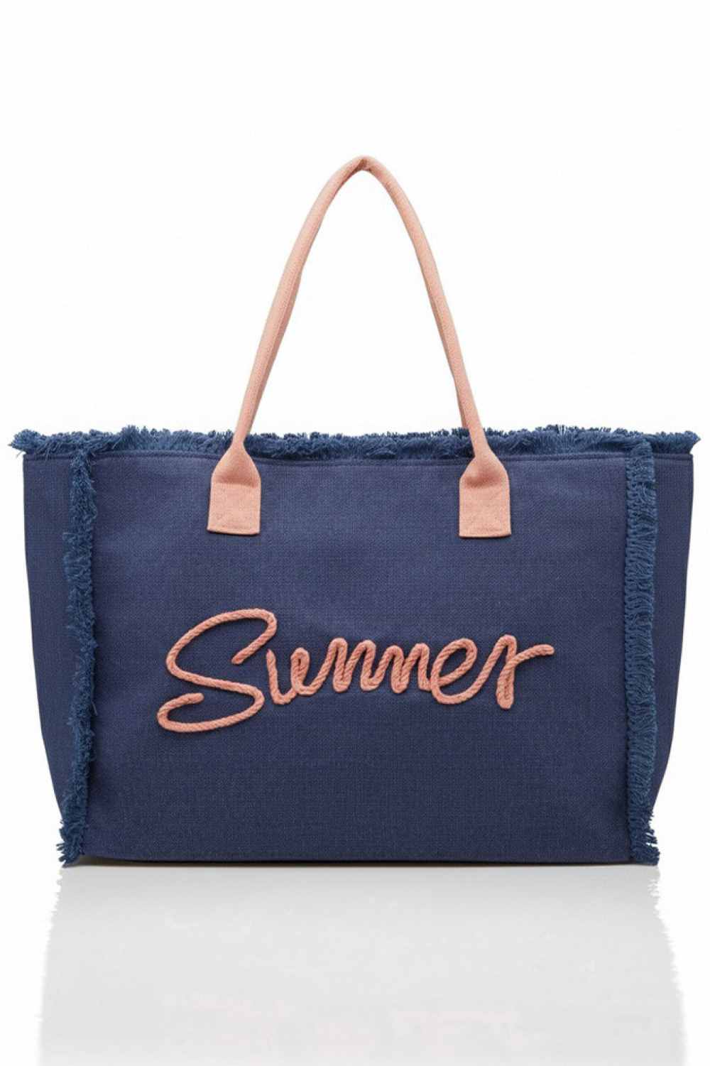 Navy Sewn Rope Summer Letter Fringed Canvas Bag combines durable canvas material with stylish rope detailing and fringed accents, offering both functionality and a trendy look. Its spacious interior is perfect for carrying essentials during warm-weather outings, while the sturdy rope handles ensure comfortable wear. Ideal for casual summer days, this bag adds a touch of effortless charm to your seasonal wardrobe.