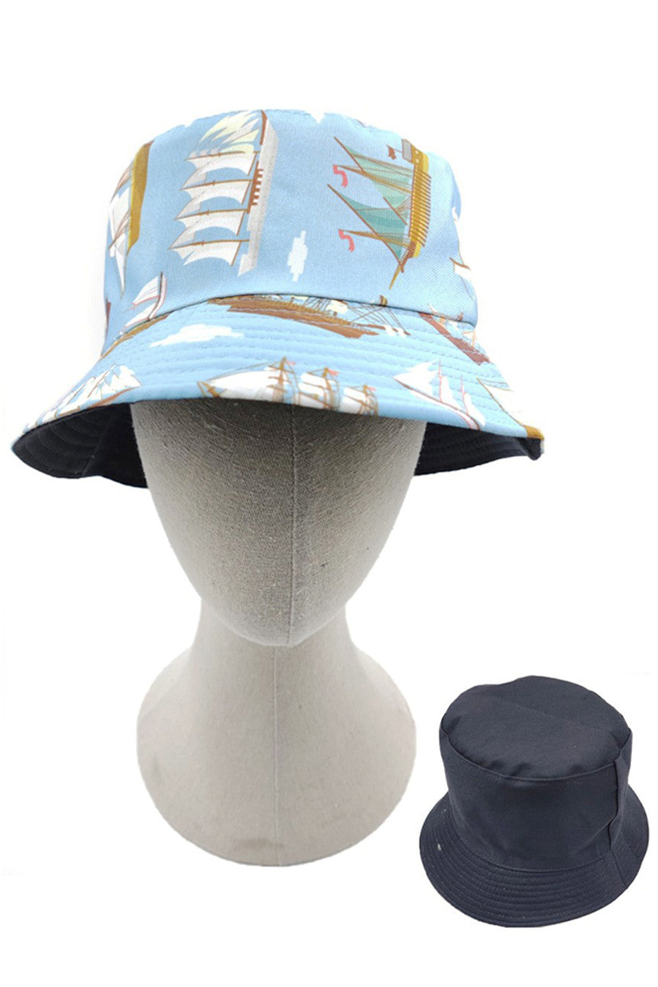 Blue Ship Illustration Reversible Bucket Hat features a distinctive ship illustration design, offering versatile styling options for your wardrobe. Constructed with quality materials for durability, it provides effective sun protection while maintaining breathability. The reversible functionality essentially delivers two hats in one, making it an excellent value addition to your accessory collection.