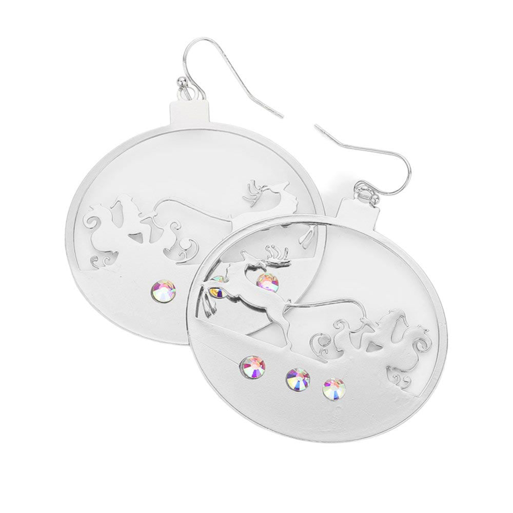 Silver-Stone Embellished Cut Out Santa Claus Brass Metal Round Dangle Earrings, A beautiful stone embellishment and cut-out design, making them the perfect festive accessory. The stones add a touch of sparkle to your holiday outfit, while the cut-out design adds a unique and charming touch.