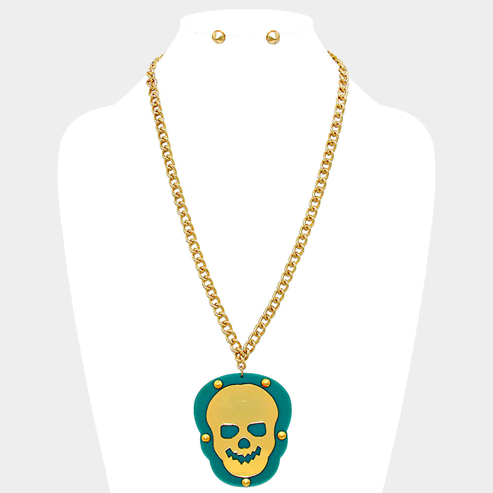 Green Skull rivet plate pendant necklace