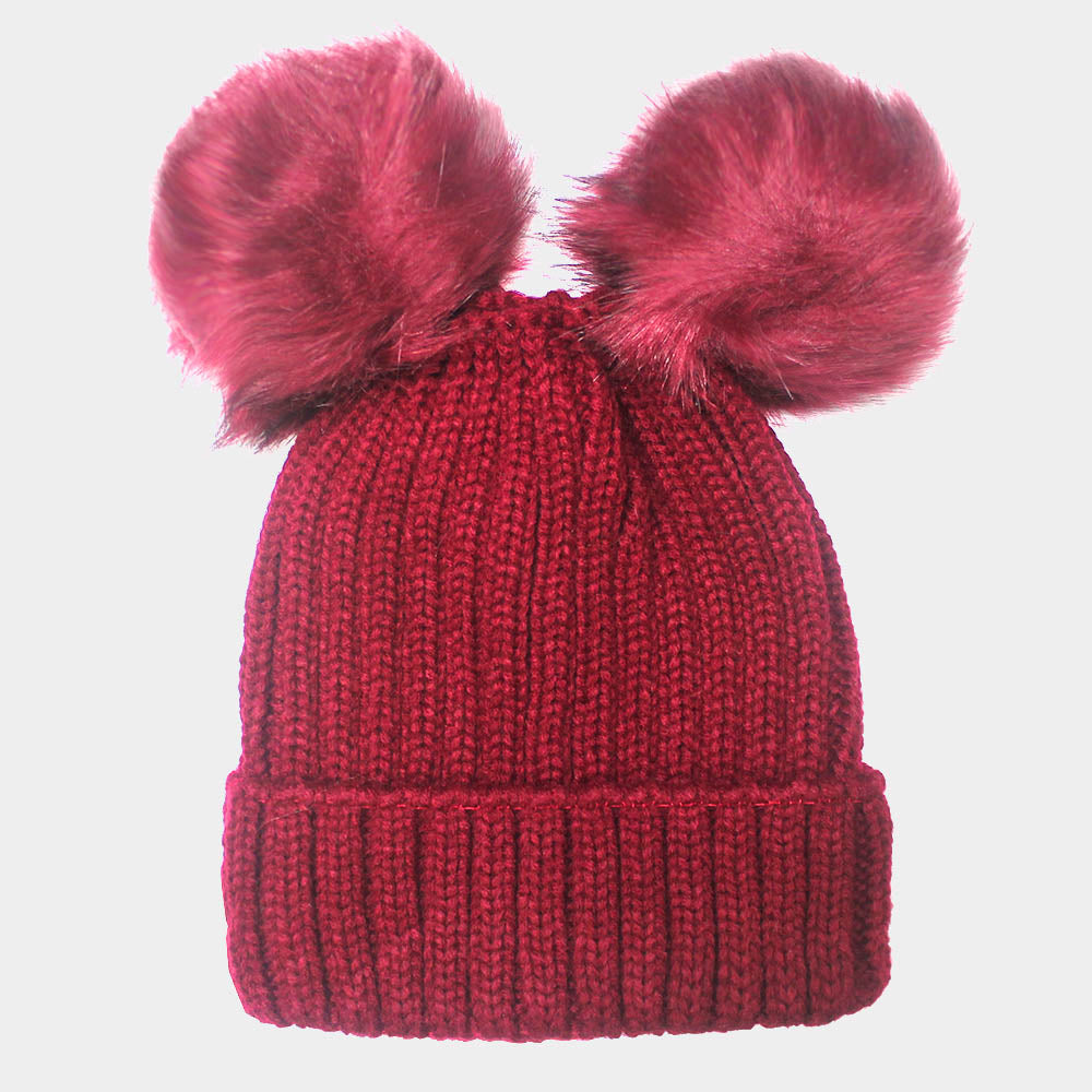 Burgundy Soft Cable Knit Double Faux Fur Pom Pom Beanie Hat Warm Knit Winter Hat Knit Beanie Pom Pom Hat, Accessorize the fun way with this faux fur pom pom ear knit hat, the autumnal touch you need to finish your outfit in style. Perfect gift Birthday, Christmas, Anniversary, Valentine's Day, Cold Weather, Loved one, Friend 