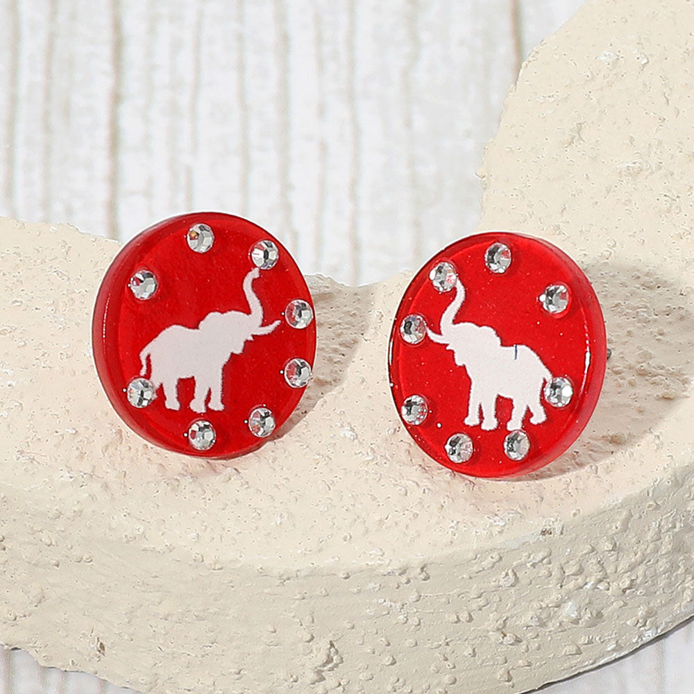 Red Sparkle Accent Game Day Elephant Disc Stud Earrings