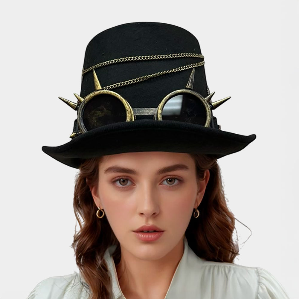 Black Spiked Vintage Googles Chain Accent Steampunk Halloween Costume Hat