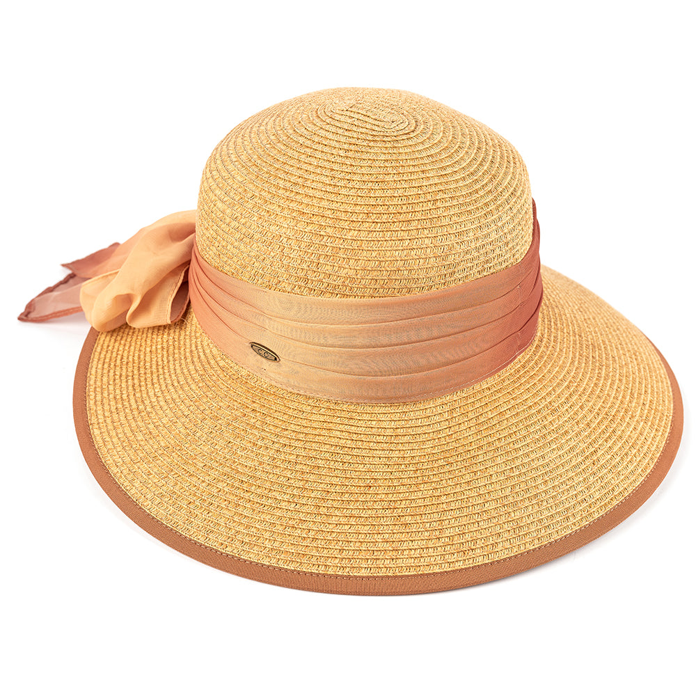 C.C Natural Paper Brim Hat With **Ombre Color Chiffon Sash Bow Sun Hat 88% Paper 12% Polyester