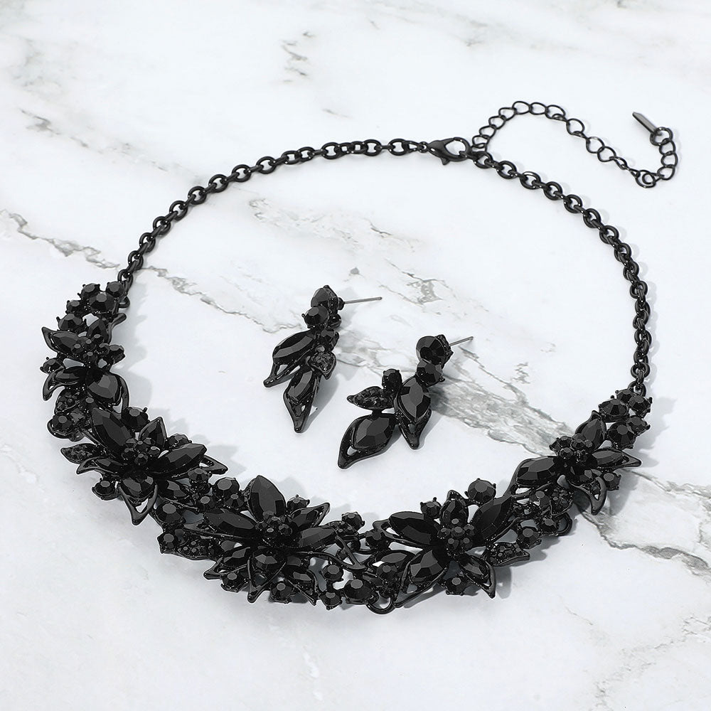 Black, Jet Black Stone Embellished Flower Collar Evening Necklace