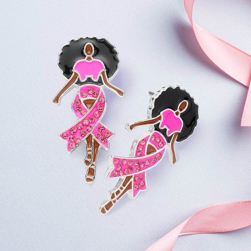 Pink, Rhodium Stone Paved Pink Ribbon Enamel Afro Woman Earrings