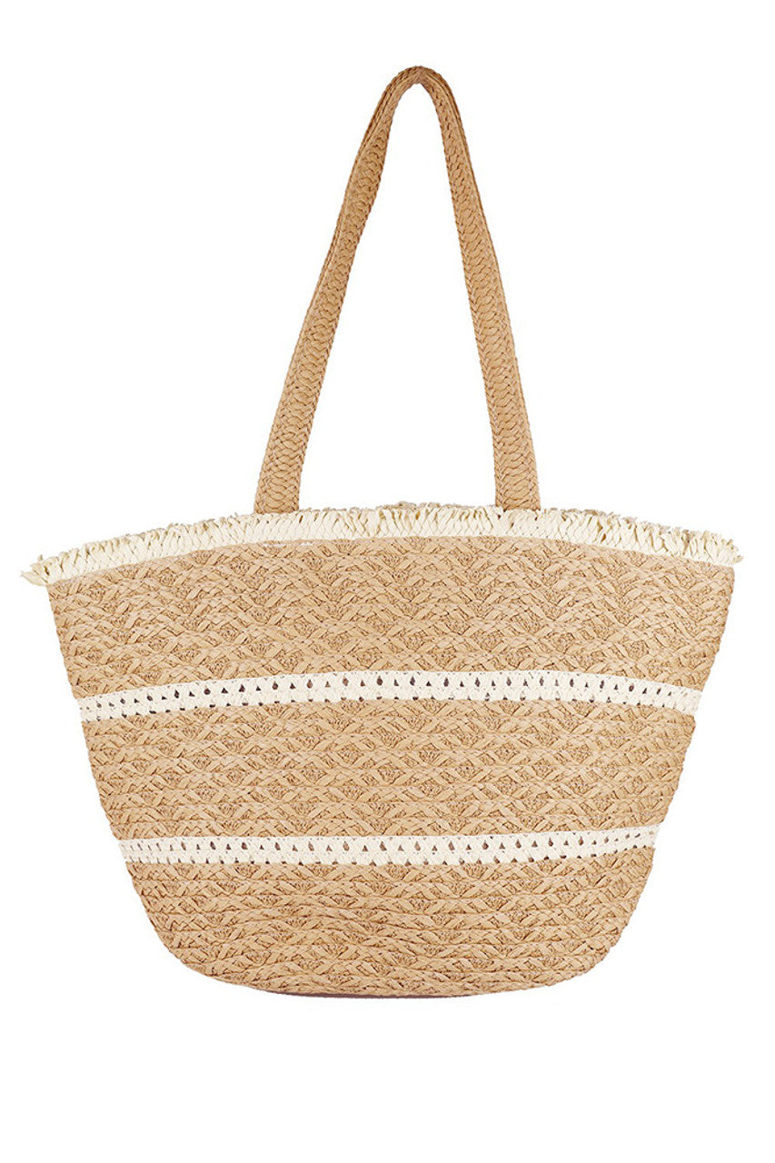 Taupe Stripe Detail Frayed Straw Bag combines artisanal craftsmanship with contemporary design. Featuring a natural straw weave accented by bold stripe detailing and subtle frayed edges, this bag offers a refined yet relaxed aesthetic. Its roomy interior accommodates daily essentials, making it an ideal accessory for both casual outings and stylish errands. Durable and lightweight, it provides practical elegance for the modern wardrobe.