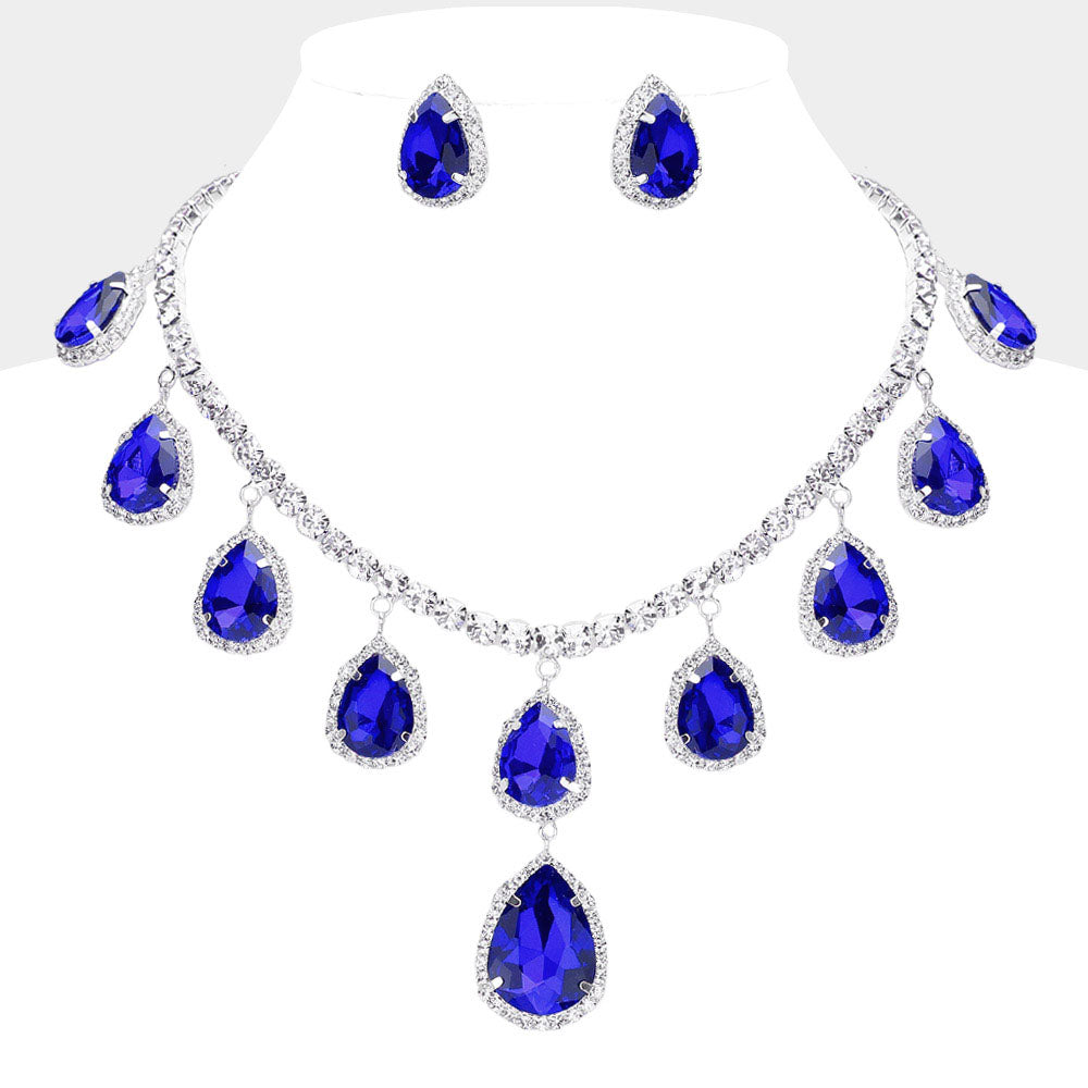 Sapphire, Silver Teardrop Glass Stone Cluster Station Evening Necklace
