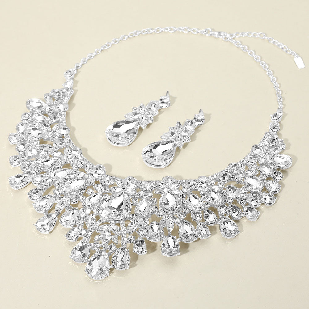 Clear, Silver Teardrop Stone Cluster Embellished Statement Evening Necklace