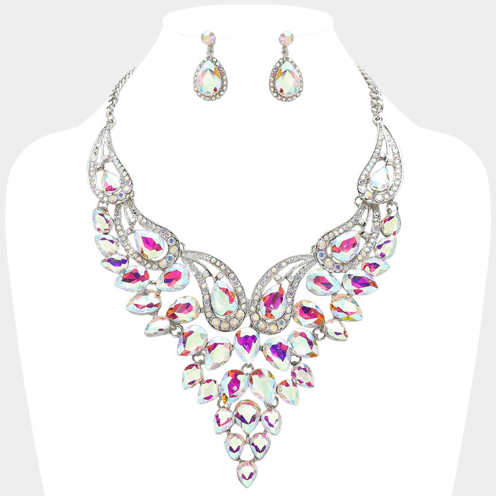 AB, Silver Teardrop Stone Cluster Evening Bib Necklace