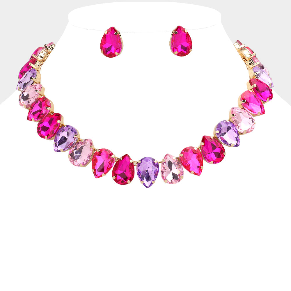 Gold, Pink Teardrop Stone Cluster Link Evening Necklace