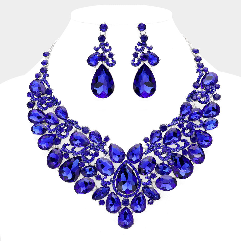Sapphire, Silver Teardrop Stone Embellished Statement Evening Necklace