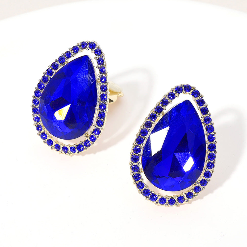 Gold, Sapphire Teardrop Stone Evening Clip On Earrings