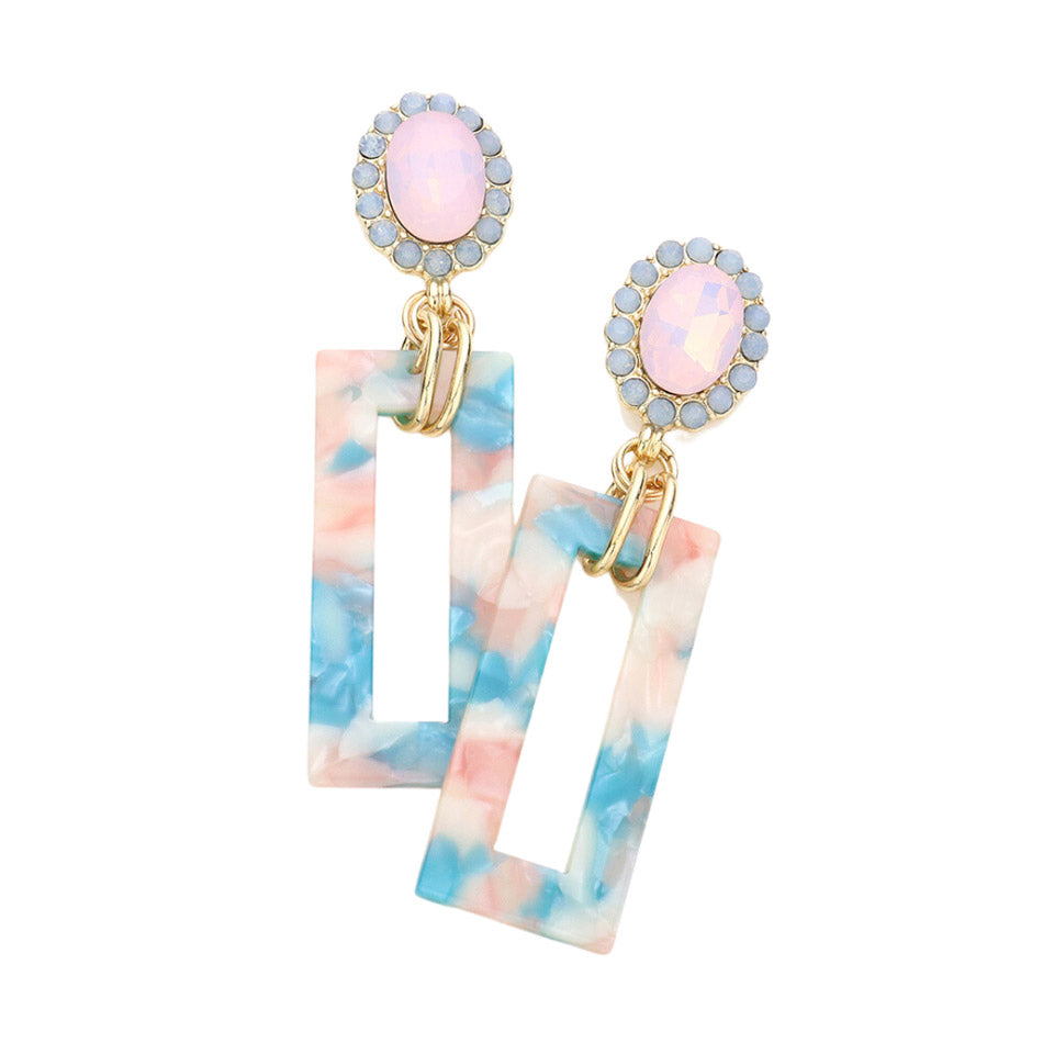 Tired of plain old earrings? Add some pizzazz to your look with these Turquoise Oval Stone Celluloid Acetate Open Rectangle Link Dangle Earrings! Embellished with rhinestones in open circles, these earrings are sure to sparkle. Perfect Birthday Gift, Anniversary Gift, Christmas Gift, Regalo Navidad, Regalo Cumpleanos