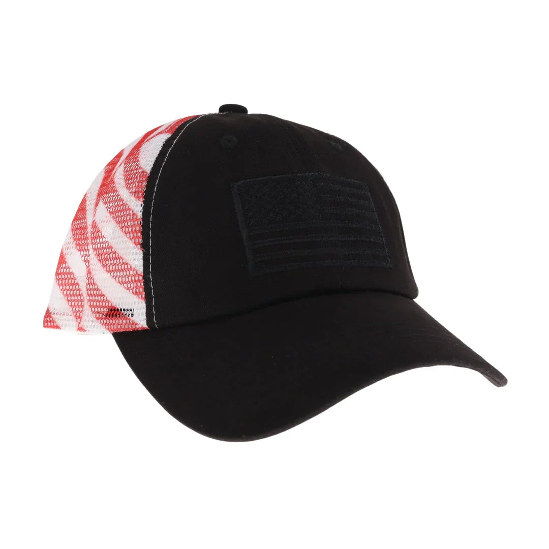 Black Unisex Embroidered USA Flag Mesh Back C.C Ball Cap features a detailed embroidered USA flag on the front, combining patriotic style with durable craftsmanship. Its mesh back design ensures breathability and comfort, making it ideal for outdoor activities or everyday wear. The adjustable strap provides a secure fit for all head sizes, blending functionality with classic American pride.