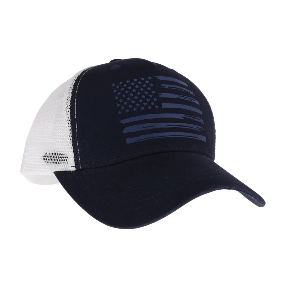 Navy White Unisex Laser Etched USA Flag C.C Trucker Ball Cap features a precise laser-etched USA flag design, combining durability with a modern aesthetic. Its breathable mesh back ensures comfort during extended wear, while the adjustable snapback closure provides a customizable fit. Ideal for everyday use or outdoor activities, this cap offers both style and functionality with a patriotic touch.