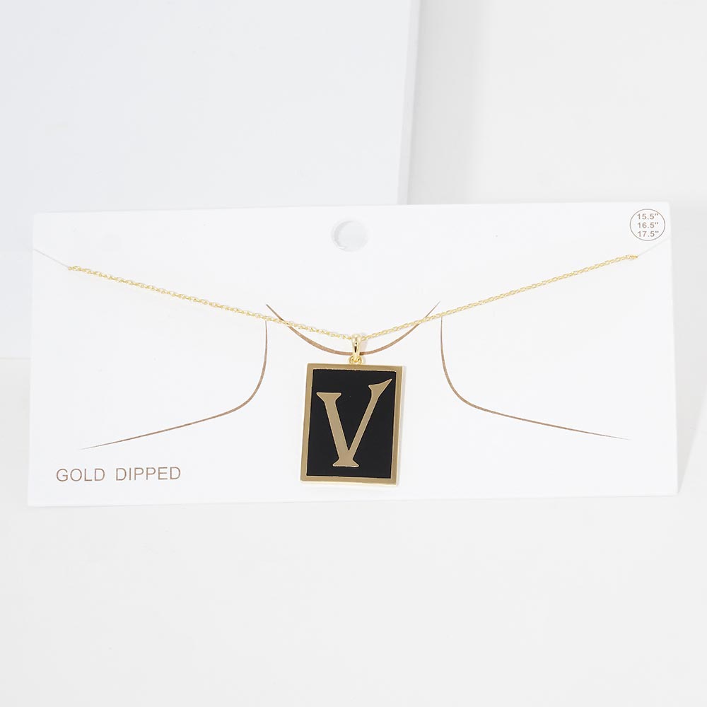Gold -V- Gold Dipped Enamel Rectangle Initial Monogram Pendant Necklace