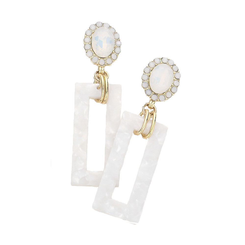Tired of plain old earrings? Add some pizzazz to your look with these White Oval Stone Celluloid Acetate Open Rectangle Link Dangle Earrings! Embellished with rhinestones in open circles, these earrings are sure to sparkle. Perfect Birthday Gift, Anniversary Gift, Christmas Gift, Regalo Navidad, Regalo Cumpleanos