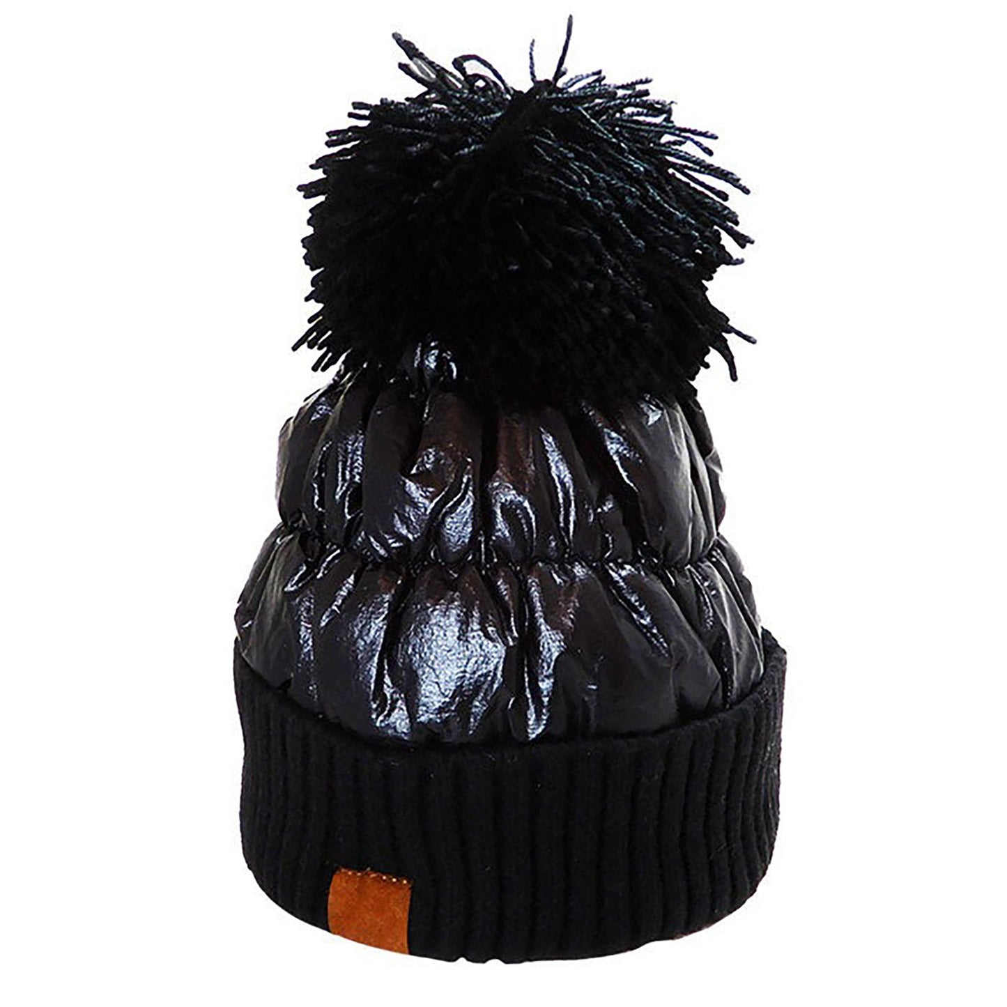 Black Puffer Knit Pom Pom Glossy Winter Cozy Beanie Hat.