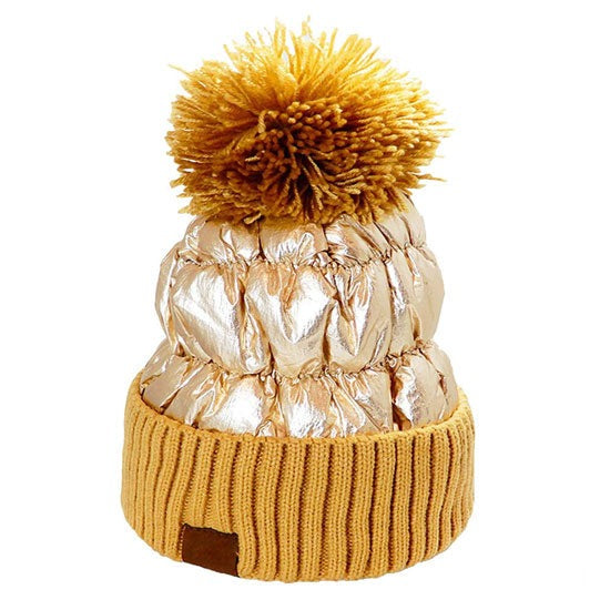 Brown Puffer Knit Pom Pom Glossy Winter Cozy Beanie Hat.