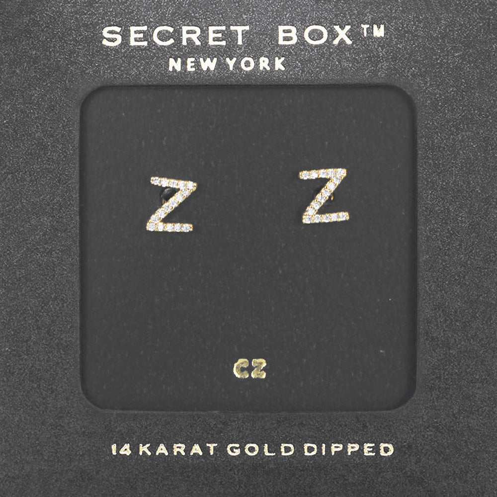 Gold -Z- Secret Box _ 14K Gold Dipped CZ Initial Monogram Stud Earrings