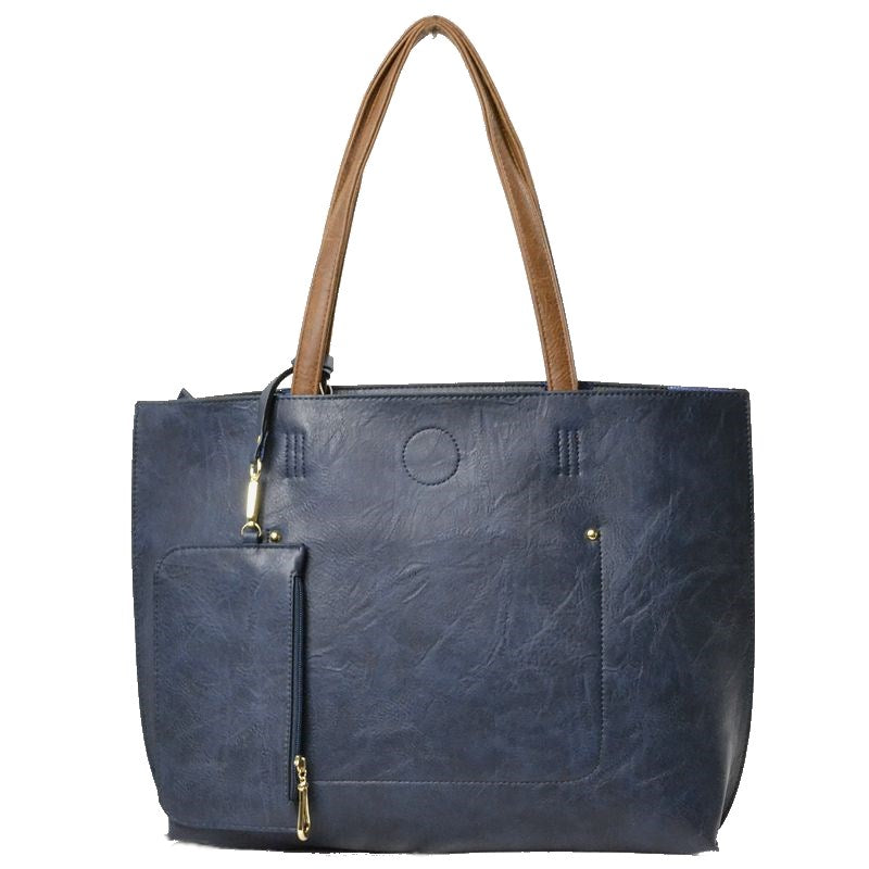 Navy Trendy Soft Faux Leather Bag Faux Leather Tote Bag or Shoulder Bag Vegan Tote Zip Top Tote with coin purse Designer Inspired Tote