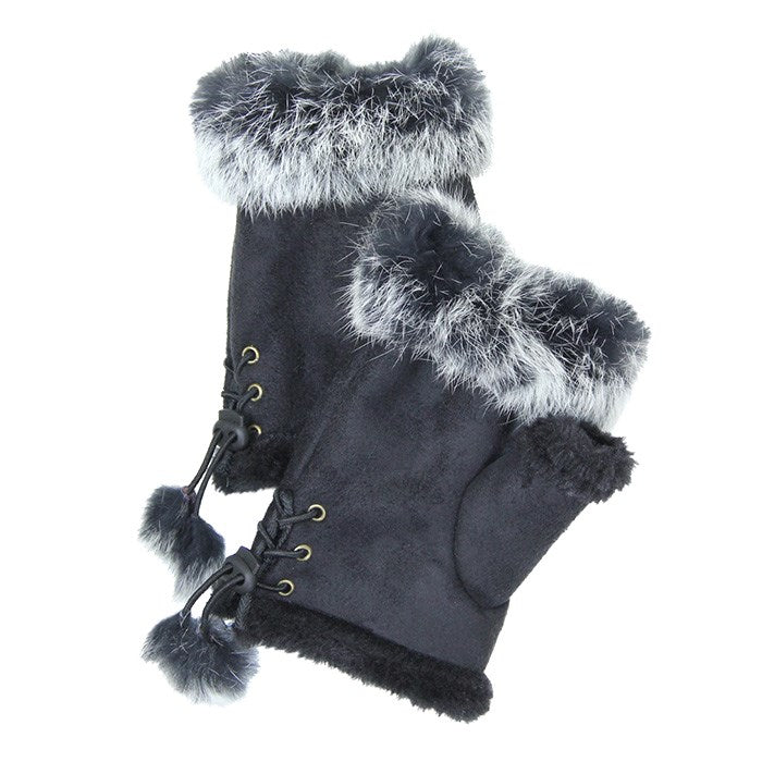 Fingerless Faux Fur Trim Gloves, Give your look so much eye-catching texture with these fingerless gloves in a cozy faux suede, Warm gloves - Comfy - Stylish - open finger - classy - gloves - with fur trim and adjustable drawstring. Beige, Black, Chocolate, Ivory, Burgundy, Purple, Navy, Gray; One Size; 100% Polyester