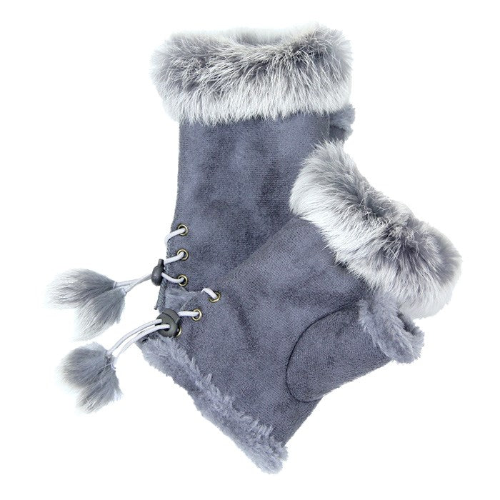 Fingerless Faux Fur Trim Gloves, Give your look so much eye-catching texture with these fingerless gloves in a cozy faux suede, Warm gloves - Comfy - Stylish - open finger - classy - gloves - with fur trim and adjustable drawstring. Beige, Black, Chocolate, Ivory, Burgundy, Purple, Navy, Gray; One Size; 100% Polyester