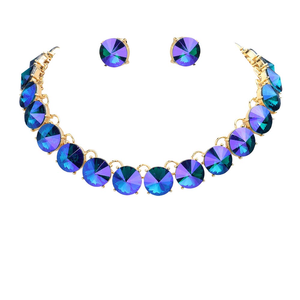 AB Blue Round Stone Link Evening Necklace, This gorgeous necklace jewelry set will show your class on any special occasion. The elegance of these stones goes unmatched, great for wearing at a party! Stunning jewelry set will sparkle all night long making you shine like a diamond on special occasions. Perfect jewelry to enhance your look and for wearing at parties, weddings, date nights, or any special event.