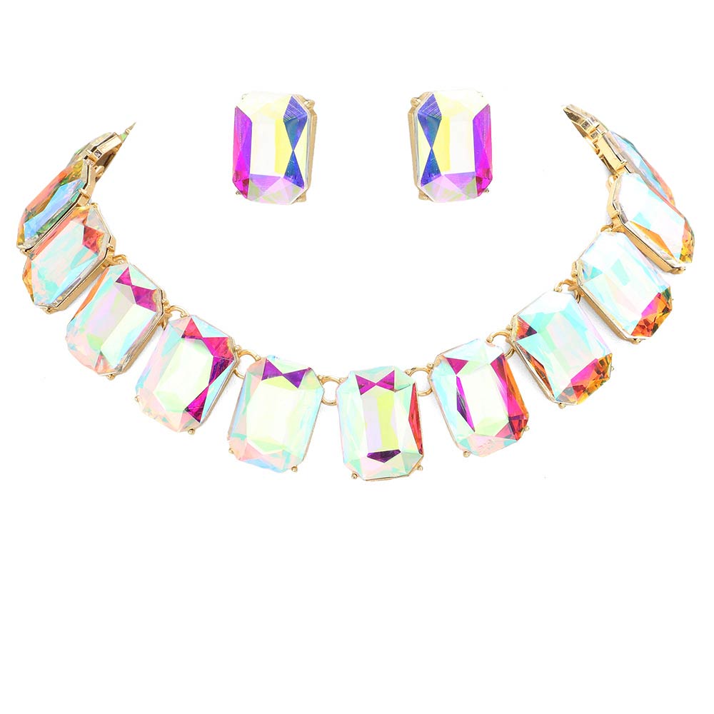 AB Gold Emerald Cut Stone Link Evening Necklace, This gorgeous necklace jewelry set will show your class on any special occasion. The elegance of these stones goes unmatched, great for wearing at a party! stunning jewelry set will sparkle all night long making you shine like a diamond on special occasions. Perfect jewelry to enhance your look and for wearing at parties, weddings, date nights, or any special event.