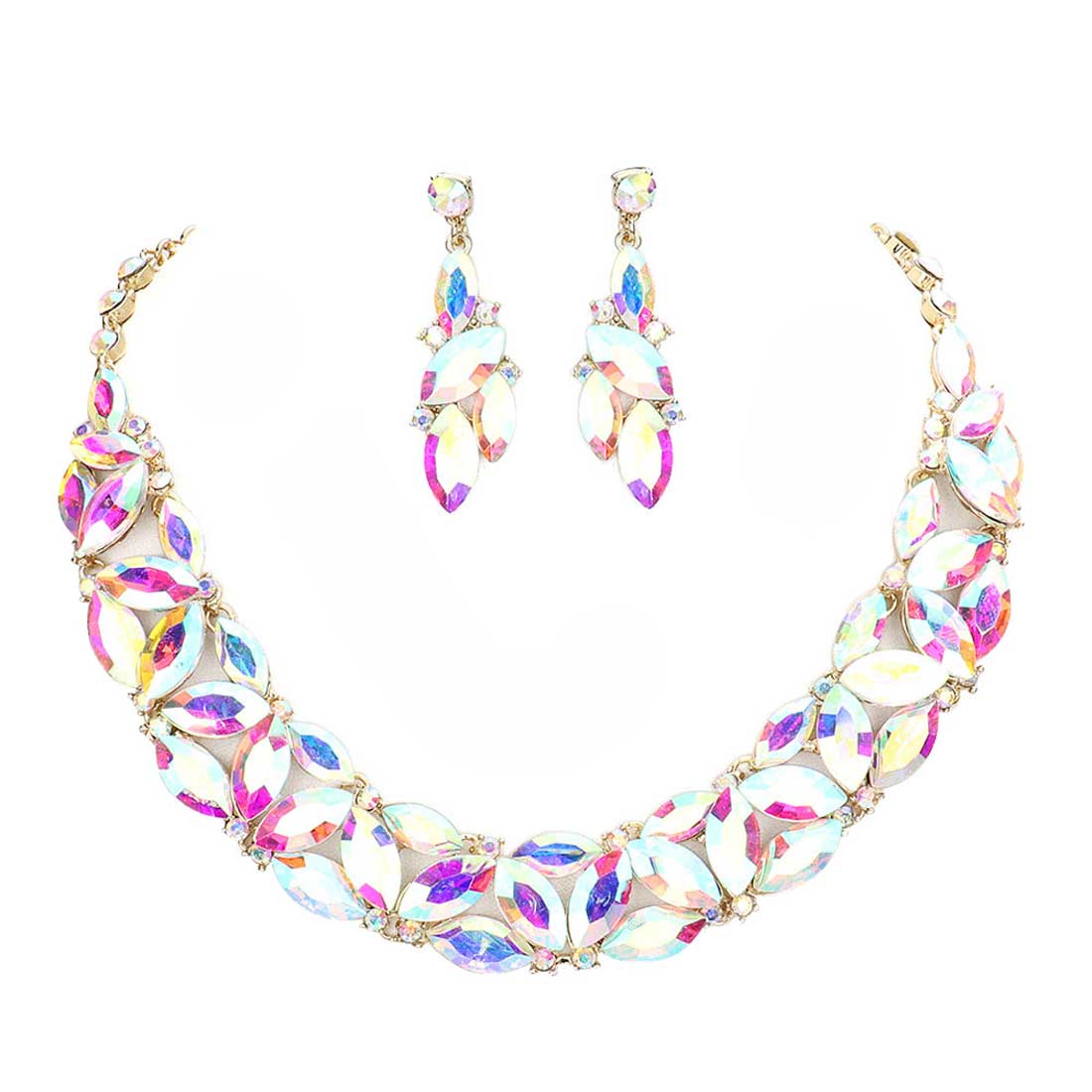 AB Gold Marquise Stone Cluster Evening Necklace. These gorgeous stone pieces will show your class in any special occasion. The elegance of these stone goes unmatched, great for wearing at a party! Perfect jewelry to enhance your look. Awesome gift for birthday, Anniversary, Valentine’s Day or any special occasion.