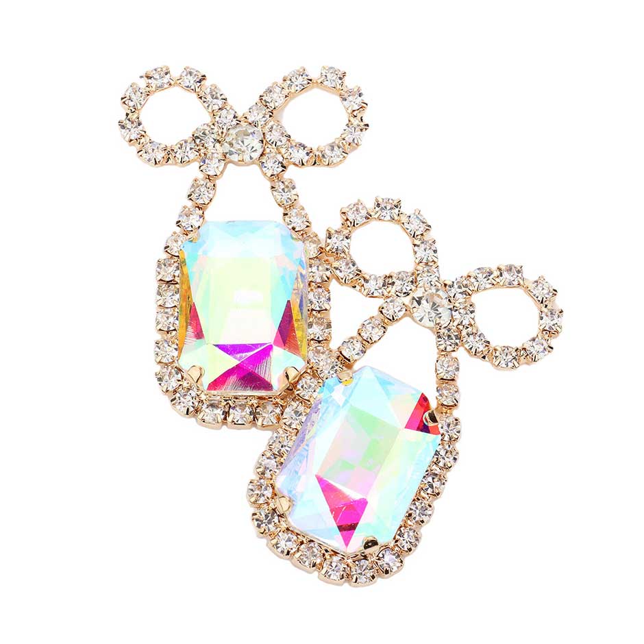AB Gold Rhinestone Bow Emerald Cut Stone Evening Earrings, elegance becomes you in these lightweight and playful, shiny glamorous studs, the perfect sparkling accessory to add some sophisticated fun to your next social event. Throw your hair up and show off how artfully these exquisite earrings sway! Suitable for wear Party, Wedding, Date Night or any special events. Perfect Birthday, Thank you Gift.