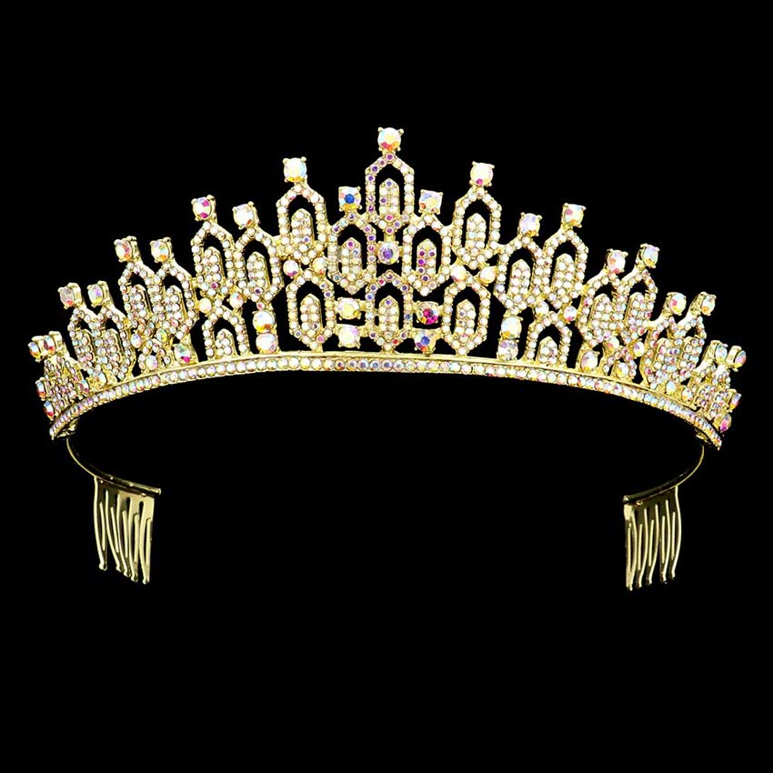 AB Gold Rhinestone Open Hexagon Cluster Princess Tiara, The stunning hair accessory is really beautiful, Pretty, and lightweight. Makes You More Eye-catching at special events and wherever you go. These are Perfect Birthday Gifts, Anniversary Gifts, and Graduation. Show your royalty with this Hexagon Cluster Princess Tiara.