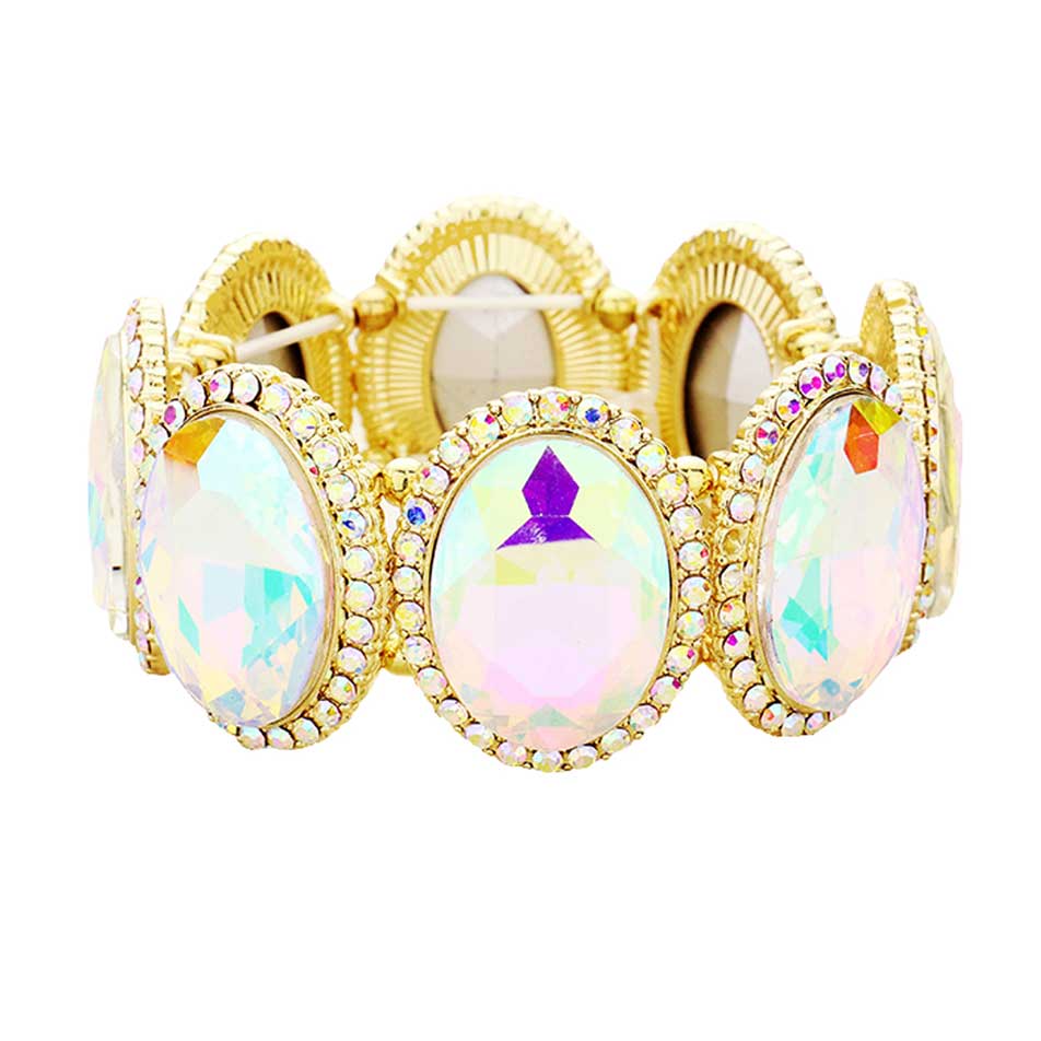 AB Gold Rhinestone Trim Oval Crystal Stretch Evening Bracelet, brings a gorgeous glow to your outfit to show off royalty on any special occasion. It's a perfect beauty that highlights your appearance and grasps everyone's eye on any special occasion. Is a glowing and sparkling beauty that is perfect to show off your glowing look and enrich your beauty to a greater extent.